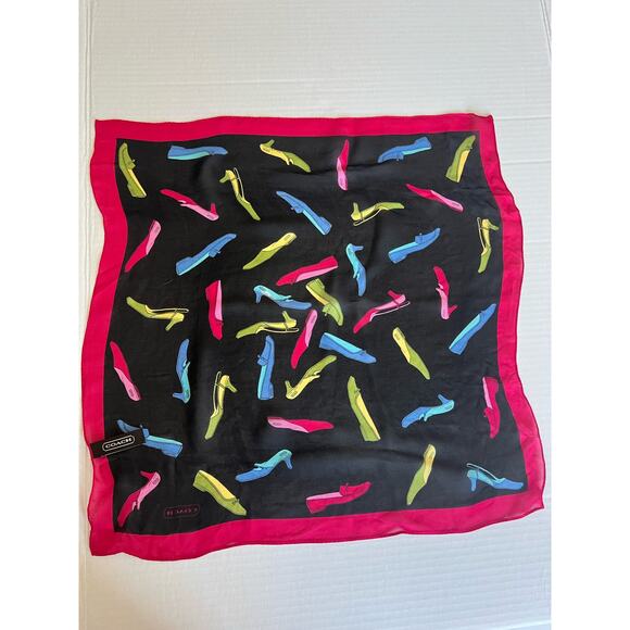 Coach 100% Silk Scarf with Bright Color Shoes Black Background with Red Frame - Picture 1 of 7